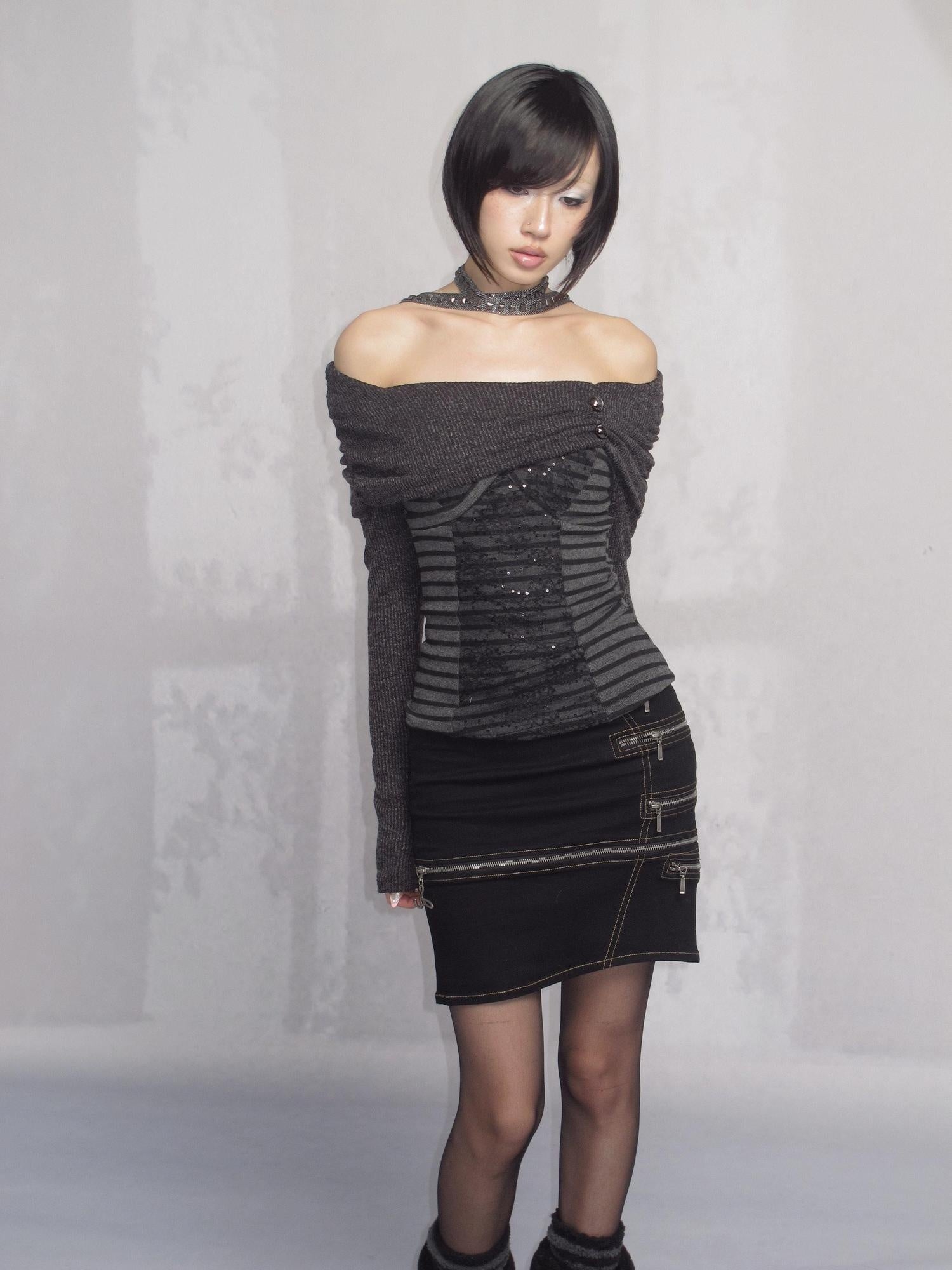 OPEN AESTHETIC Sexy Multi Zip Leather Patchwork Mid Waist Bodycon Women Midi Skirts