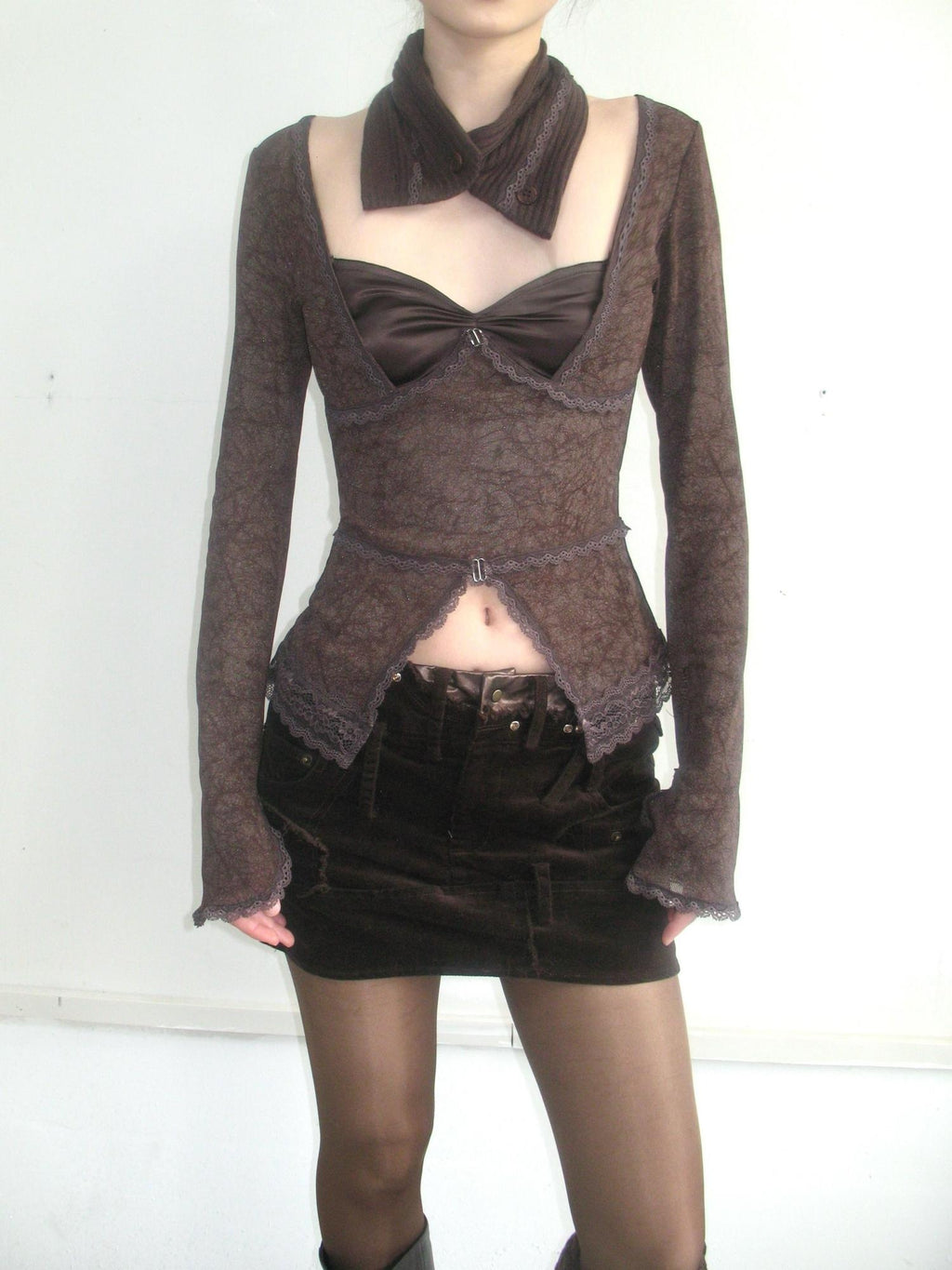 OPEN AESTHETIC Sexy Slim Fit Faux Two Piece Patchwork Long Sleeve Poly Cotton T Shirt Crop Tops
