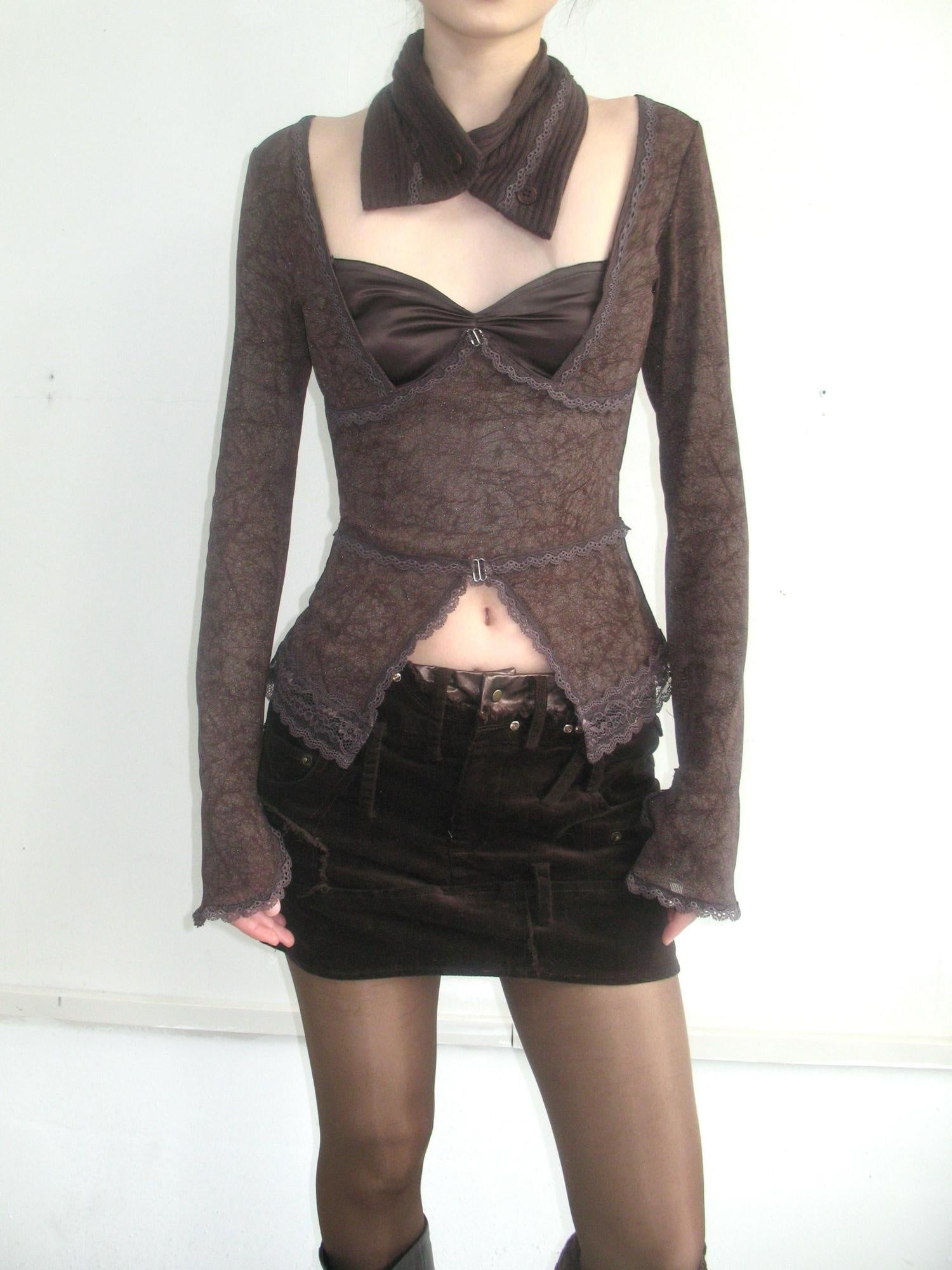 OPEN AESTHETIC Sexy Slim Fit Faux Two Piece Patchwork Long Sleeve Poly Cotton T Shirt Crop Tops
