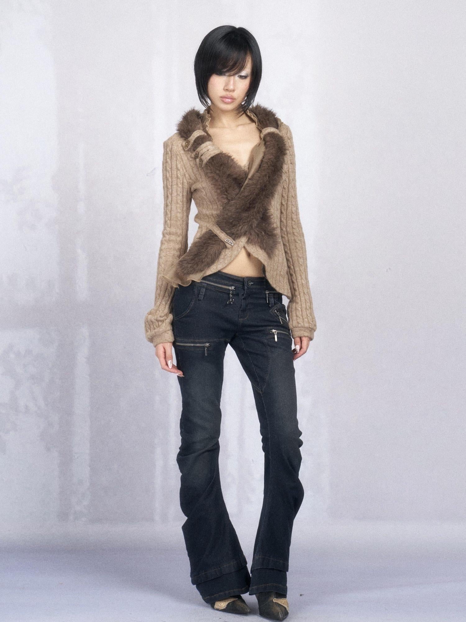 OPEN AESTHETIC Slim Asymmetrical Crossover Cotton Knit Womens Khaki Button Cardigans