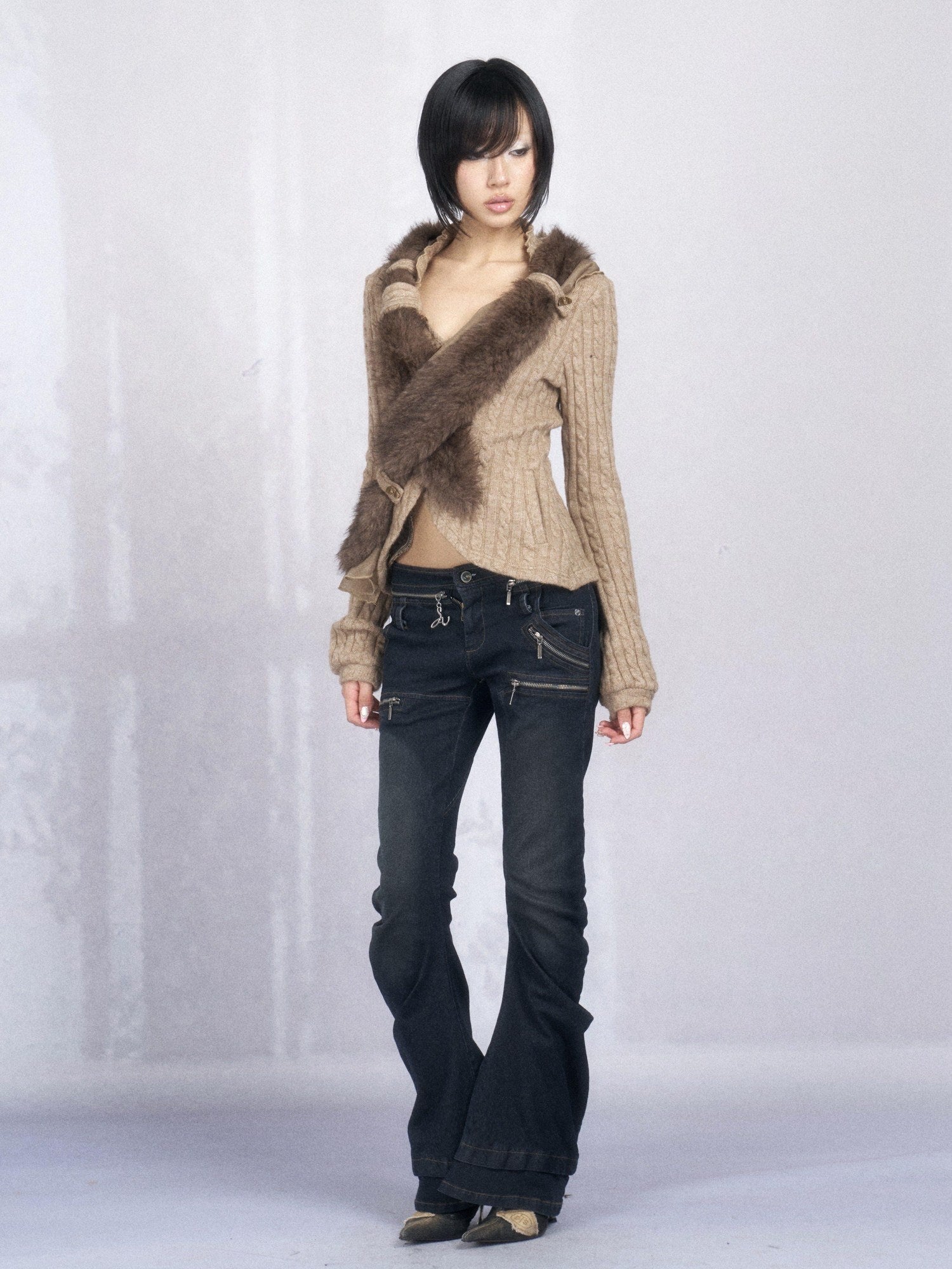 OPEN AESTHETIC Slim Slight Stretch Punk Curved Cut Low Rise Washed Blue Skinny Jeans