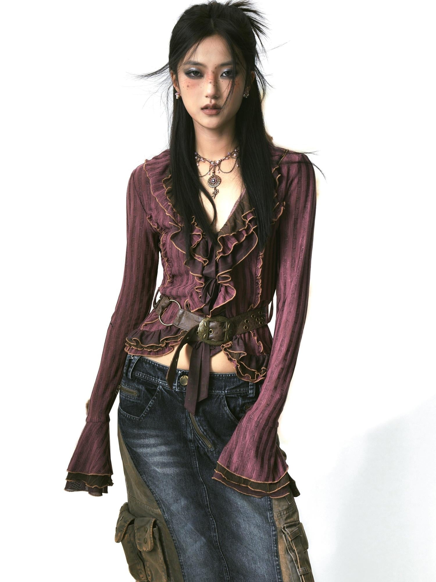 OPEN AESTHETIC Slim Tie Waist Street Cardigan Ruffle Collar Long Sleeve Women Magenta Blouses