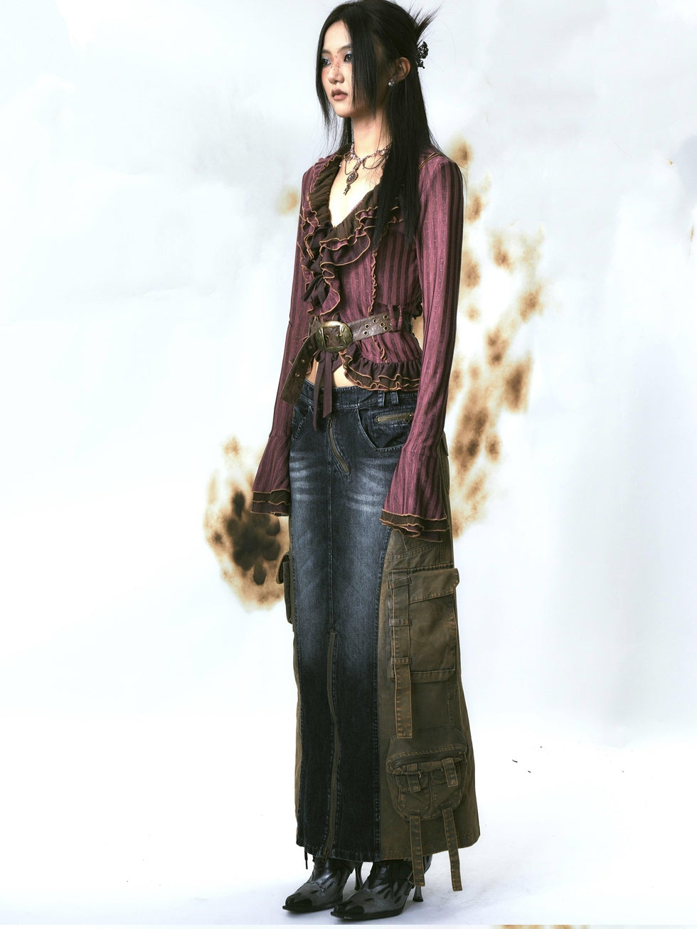 OPEN AESTHETIC Slim Tie Waist Street Cardigan Ruffle Collar Long Sleeve Women Magenta Blouses