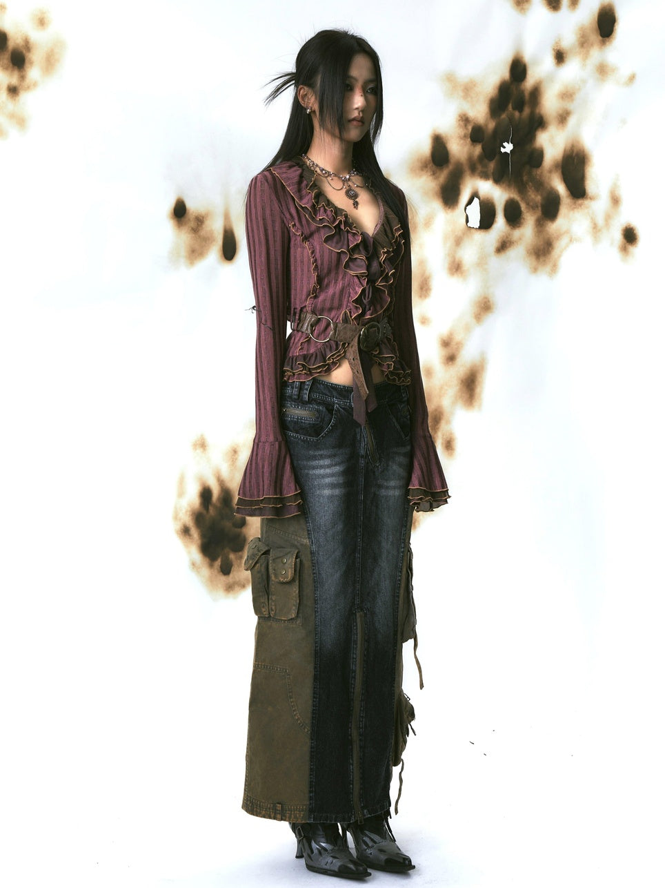 OPEN AESTHETIC Slim Tie Waist Street Cardigan Ruffle Collar Long Sleeve Women Magenta Blouses
