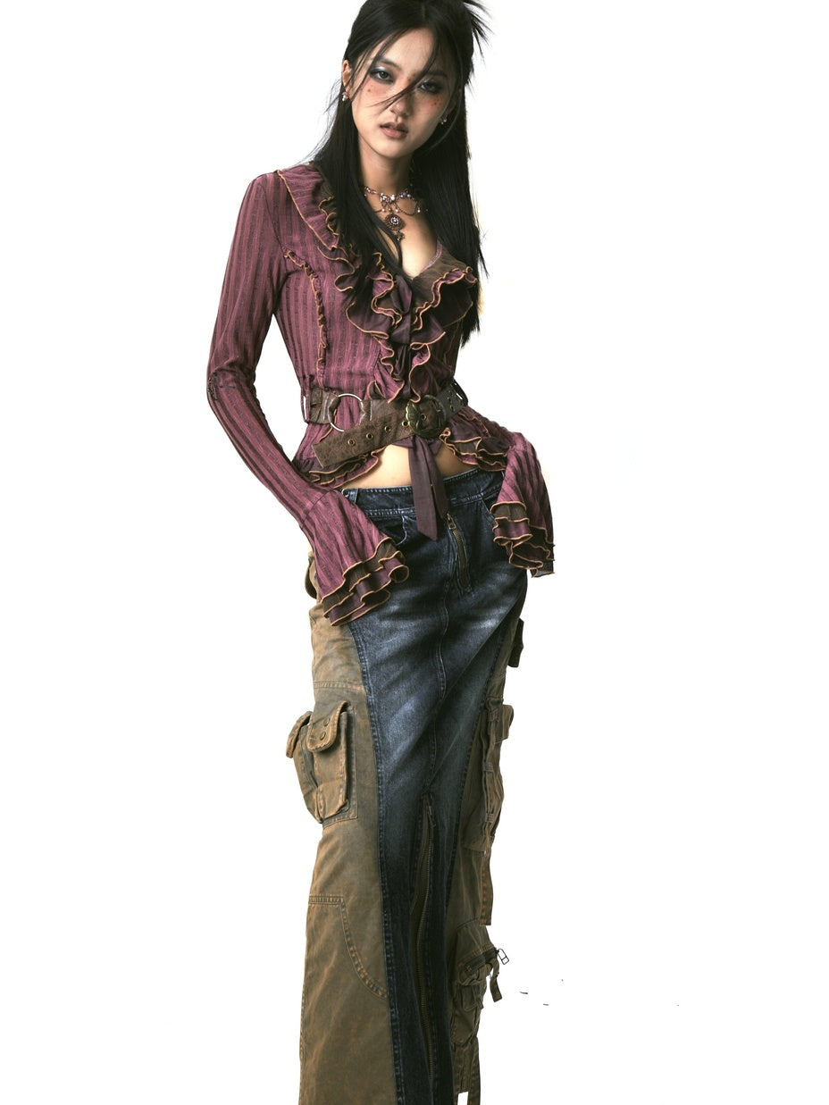 OPEN AESTHETIC Slim Tie Waist Street Cardigan Ruffle Collar Long Sleeve Women Magenta Blouses