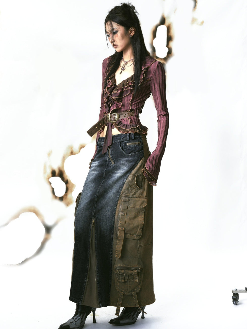 OPEN AESTHETIC Slim Tie Waist Street Cardigan Ruffle Collar Long Sleeve Women Magenta Blouses