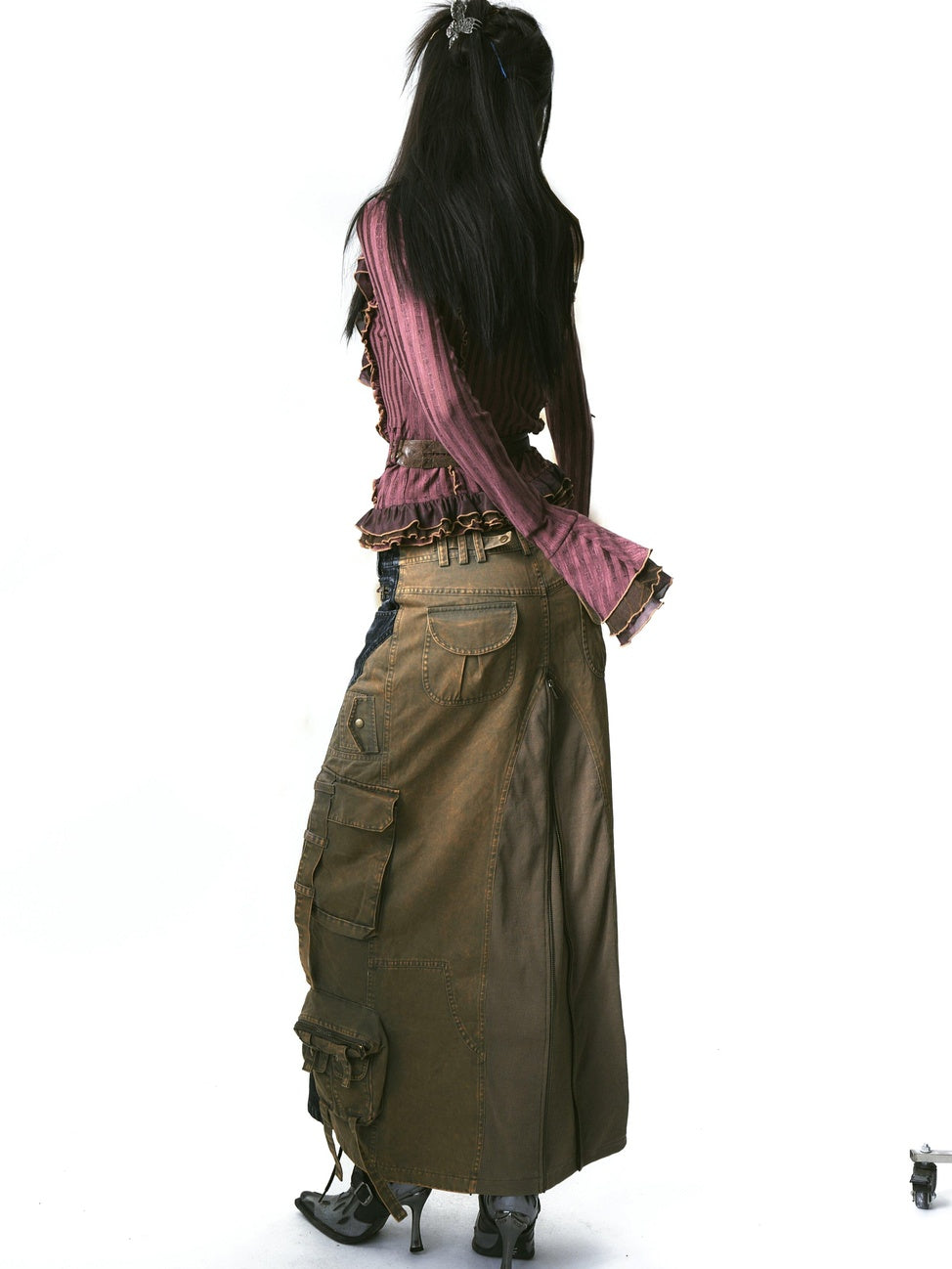 OPEN AESTHETIC Slim Tie Waist Street Cardigan Ruffle Collar Long Sleeve Women Magenta Blouses