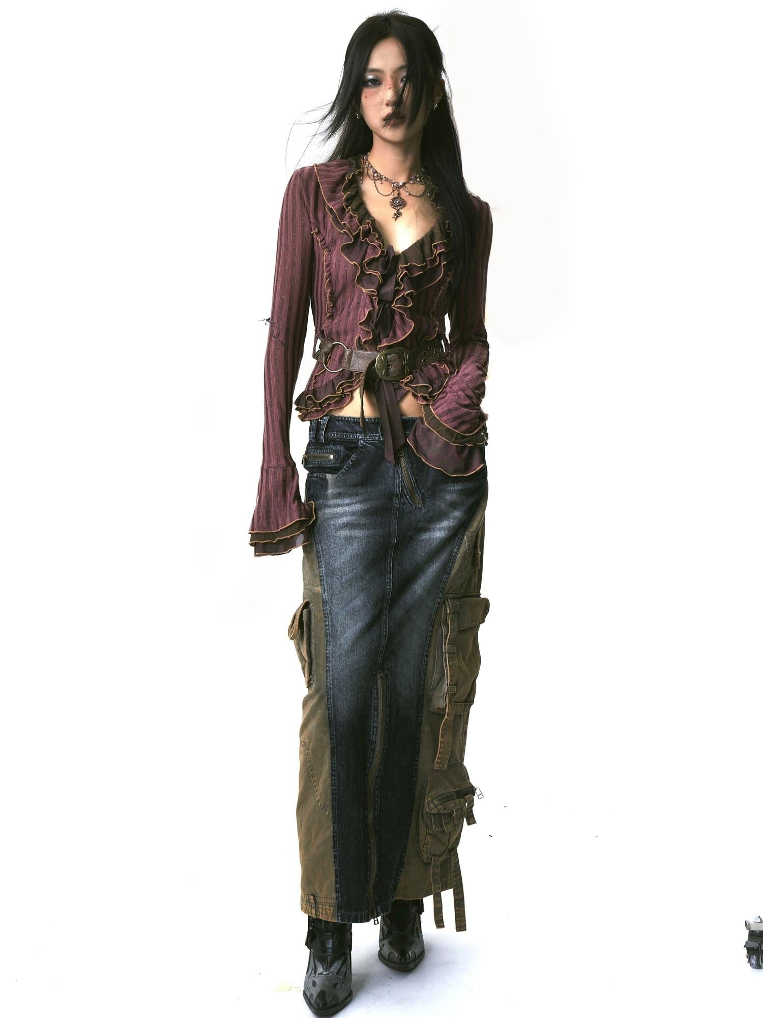 OPEN AESTHETIC Slim Tie Waist Street Cardigan Ruffle Collar Long Sleeve Women Magenta Blouses