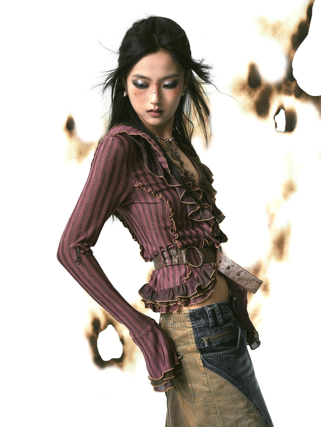 OPEN AESTHETIC Slim Tie Waist Street Cardigan Ruffle Collar Long Sleeve Women Magenta Blouses