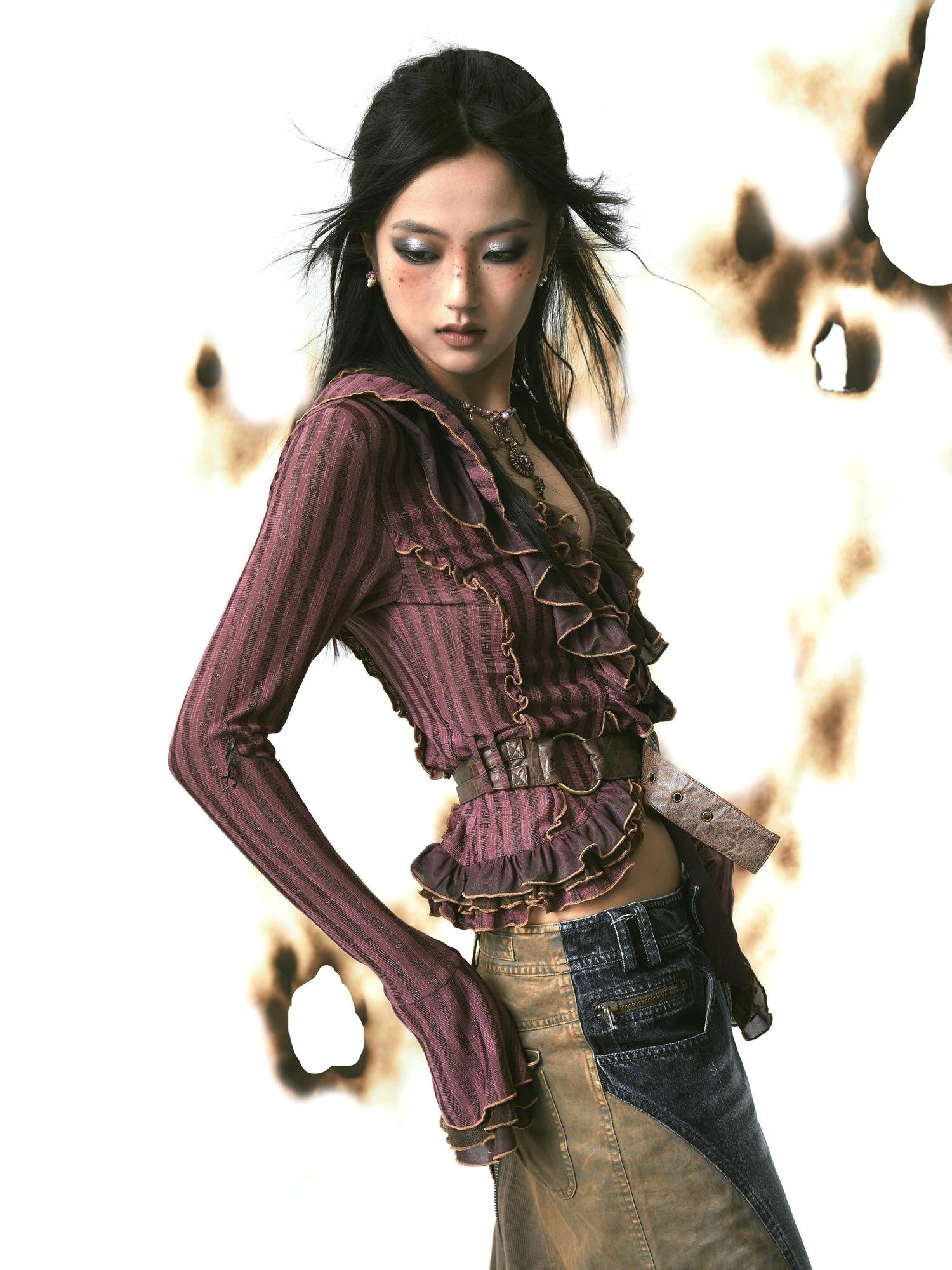 OPEN AESTHETIC Slim Tie Waist Street Cardigan Ruffle Collar Long Sleeve Women Magenta Blouses