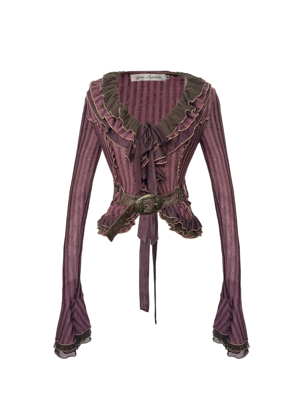 OPEN AESTHETIC Slim Tie Waist Street Cardigan Ruffle Collar Long Sleeve Women Magenta Blouses