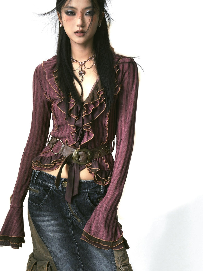 OPEN AESTHETIC Slim Tie Waist Street Cardigan Ruffle Collar Long Sleeve Women Magenta Blouses