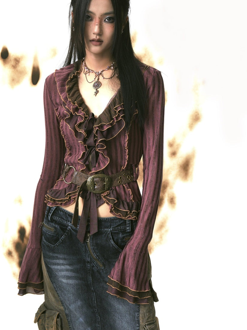 OPEN AESTHETIC Slim Tie Waist Street Cardigan Ruffle Collar Long Sleeve Women Magenta Blouses