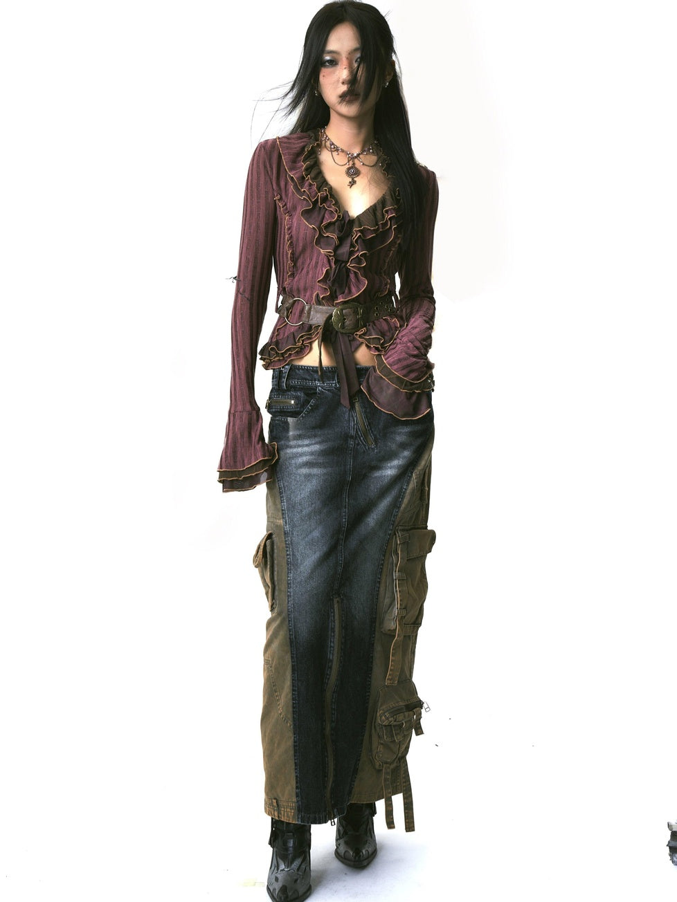 OPEN AESTHETIC Slim Tie Waist Street Cardigan Ruffle Collar Long Sleeve Women Magenta Blouses