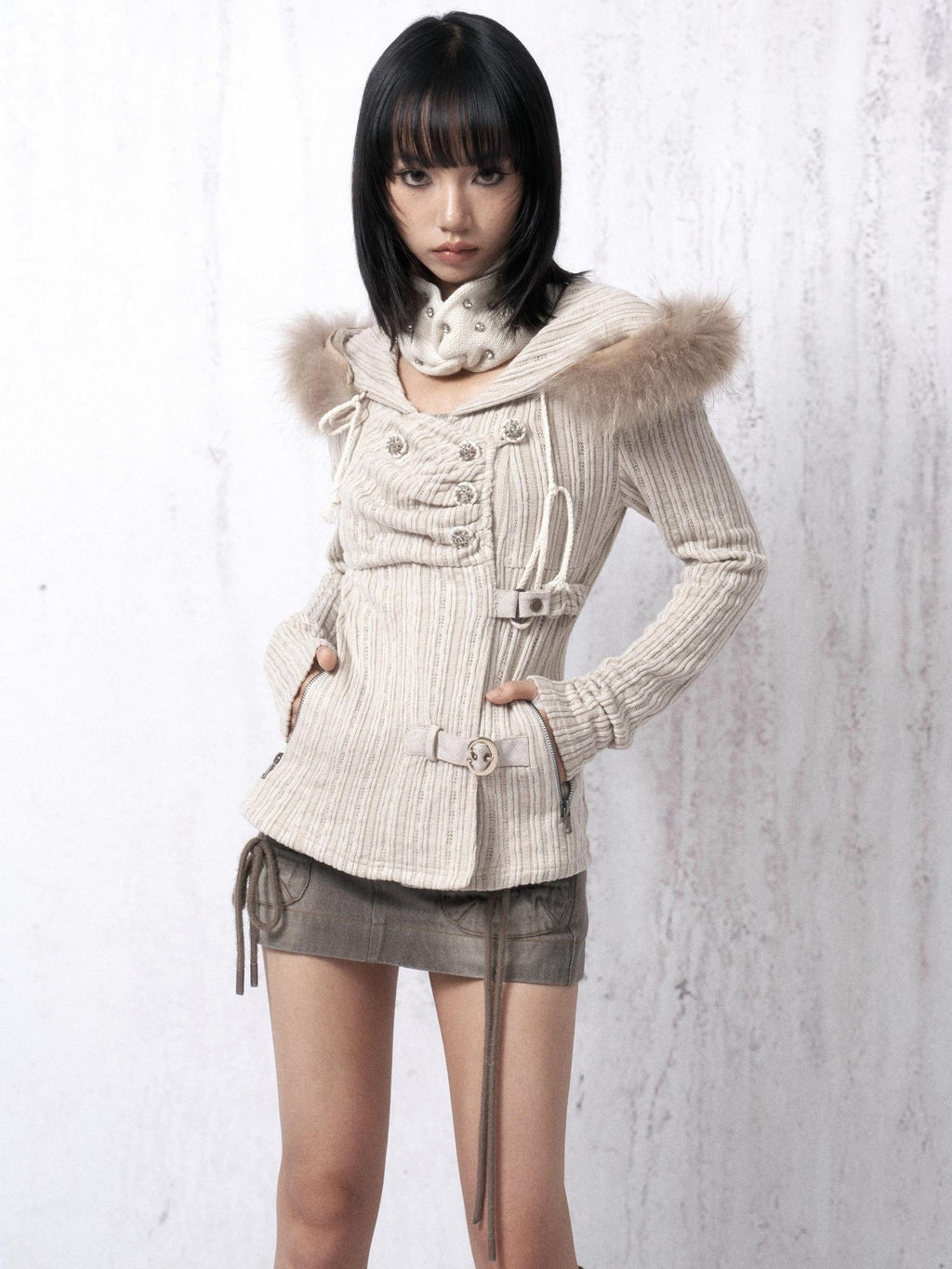 OPEN AESTHETIC Soft Knitted Cotton Slim Fit Vintage Hooded Zip Up Girls Striped Cream Hoodies