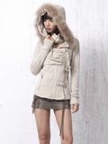 OPEN AESTHETIC Soft Knitted Cotton Slim Fit Vintage Hooded Zip Up Girls Striped Cream Hoodies