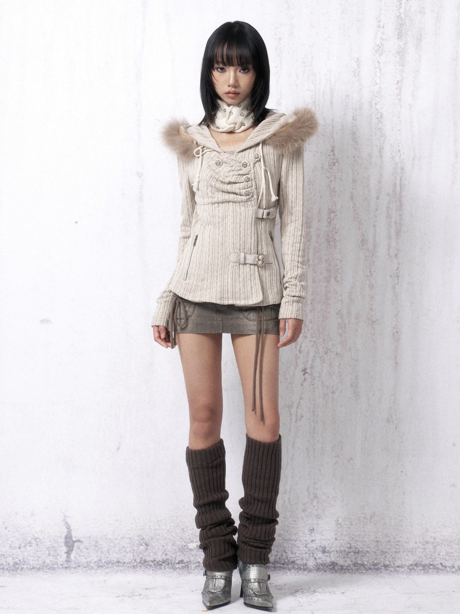 OPEN AESTHETIC Soft Knitted Cotton Slim Fit Vintage Hooded Zip Up Girls Striped Cream Hoodies