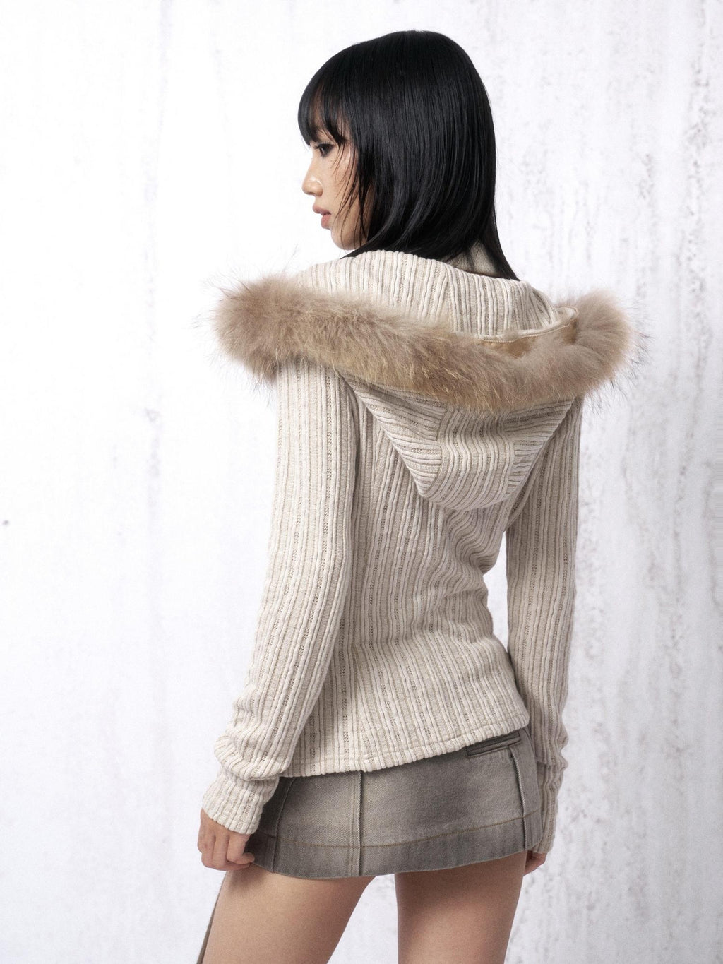OPEN AESTHETIC Soft Knitted Cotton Slim Fit Vintage Hooded Zip Up Girls Striped Cream Hoodies