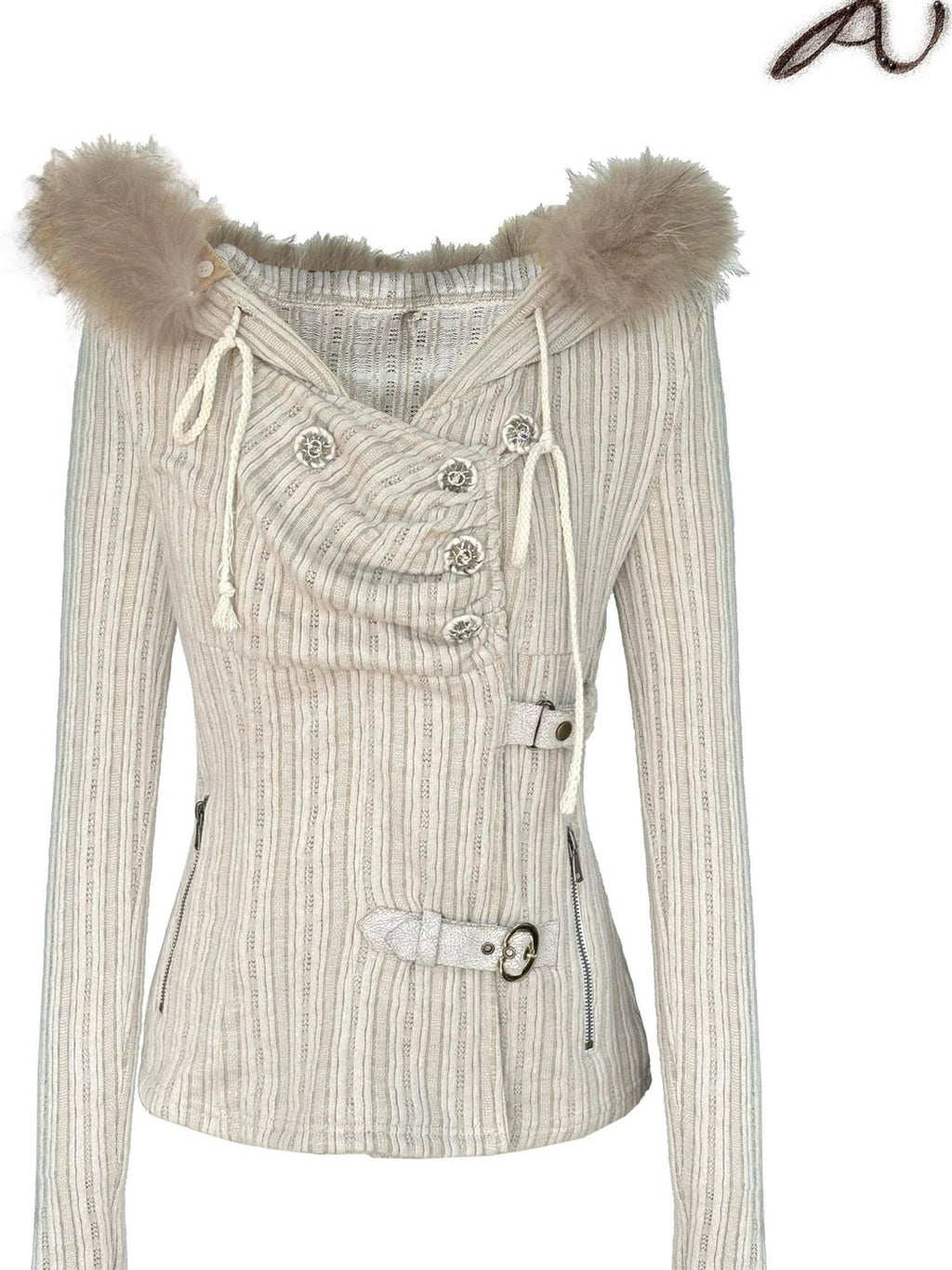 OPEN AESTHETIC Soft Knitted Cotton Slim Fit Vintage Hooded Zip Up Girls Striped Cream Hoodies