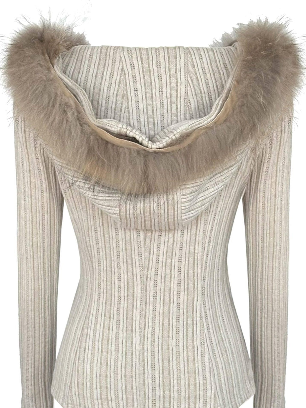 OPEN AESTHETIC Soft Knitted Cotton Slim Fit Vintage Hooded Zip Up Girls Striped Cream Hoodies
