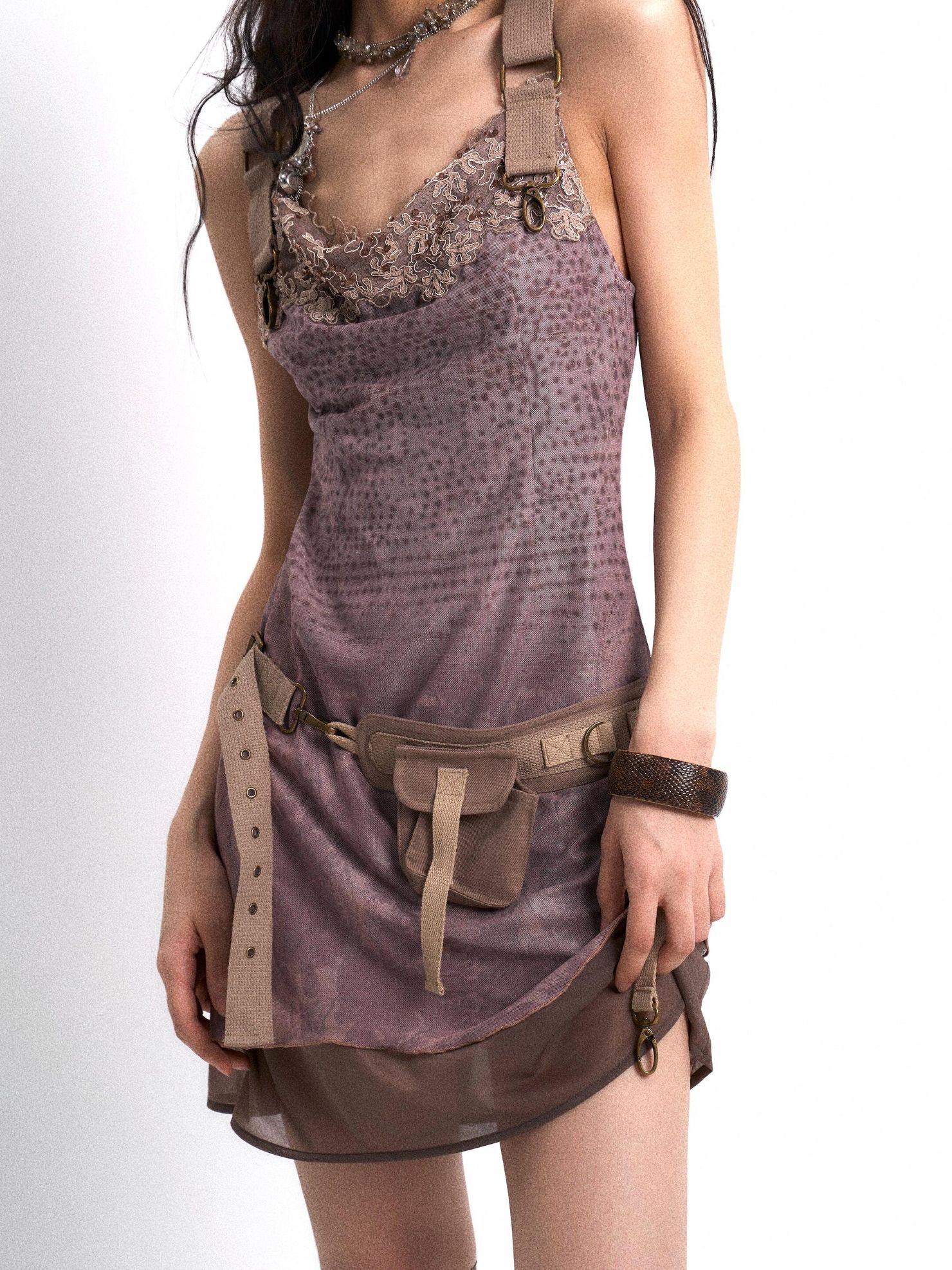 OPEN AESTHETIC Soft Polyester Vintage Cinched Waist Draped Neck City Walk Slip Mini Dresses