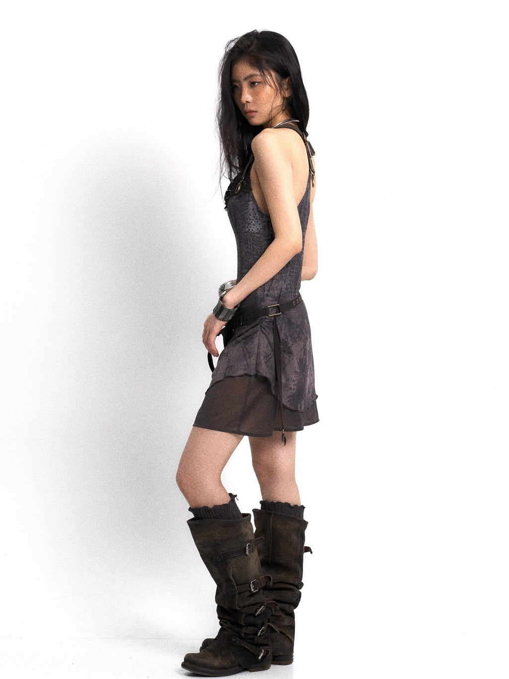 OPEN AESTHETIC Soft Polyester Vintage Cinched Waist Draped Neck City Walk Slip Mini Dresses