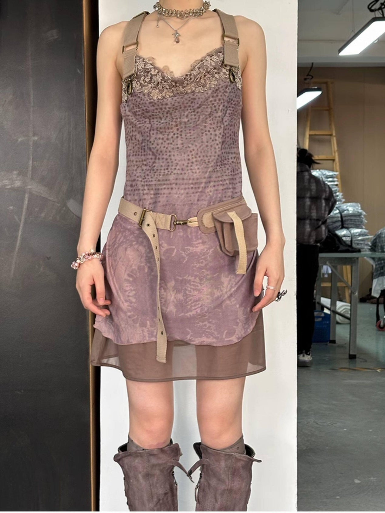 OPEN AESTHETIC Soft Polyester Vintage Cinched Waist Draped Neck City Walk Slip Mini Dresses