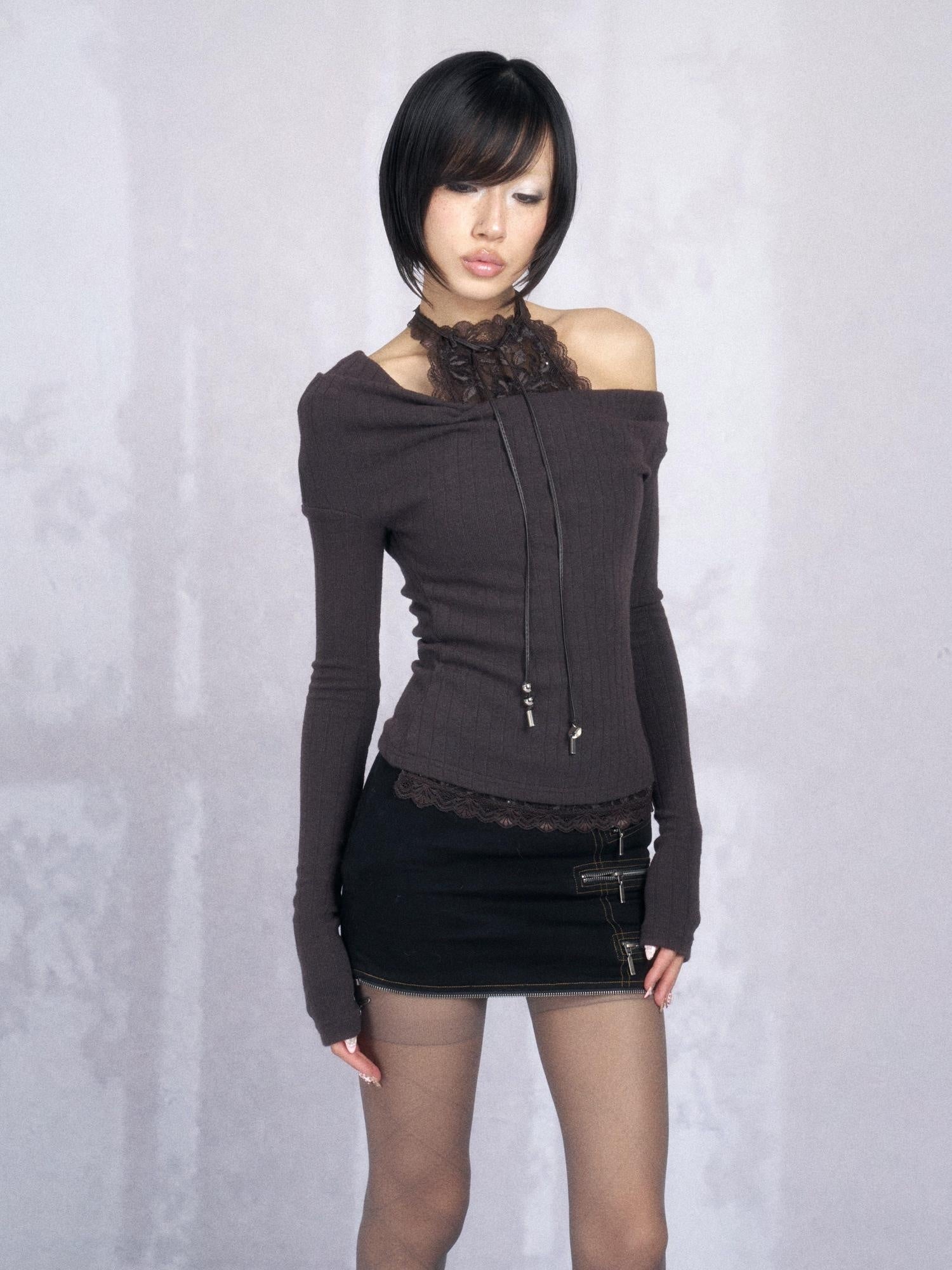 OPEN AESTHETIC Stretch Slim French Halter Faux Layer Womens Cotton Knit Long Sleeve T-Shirts