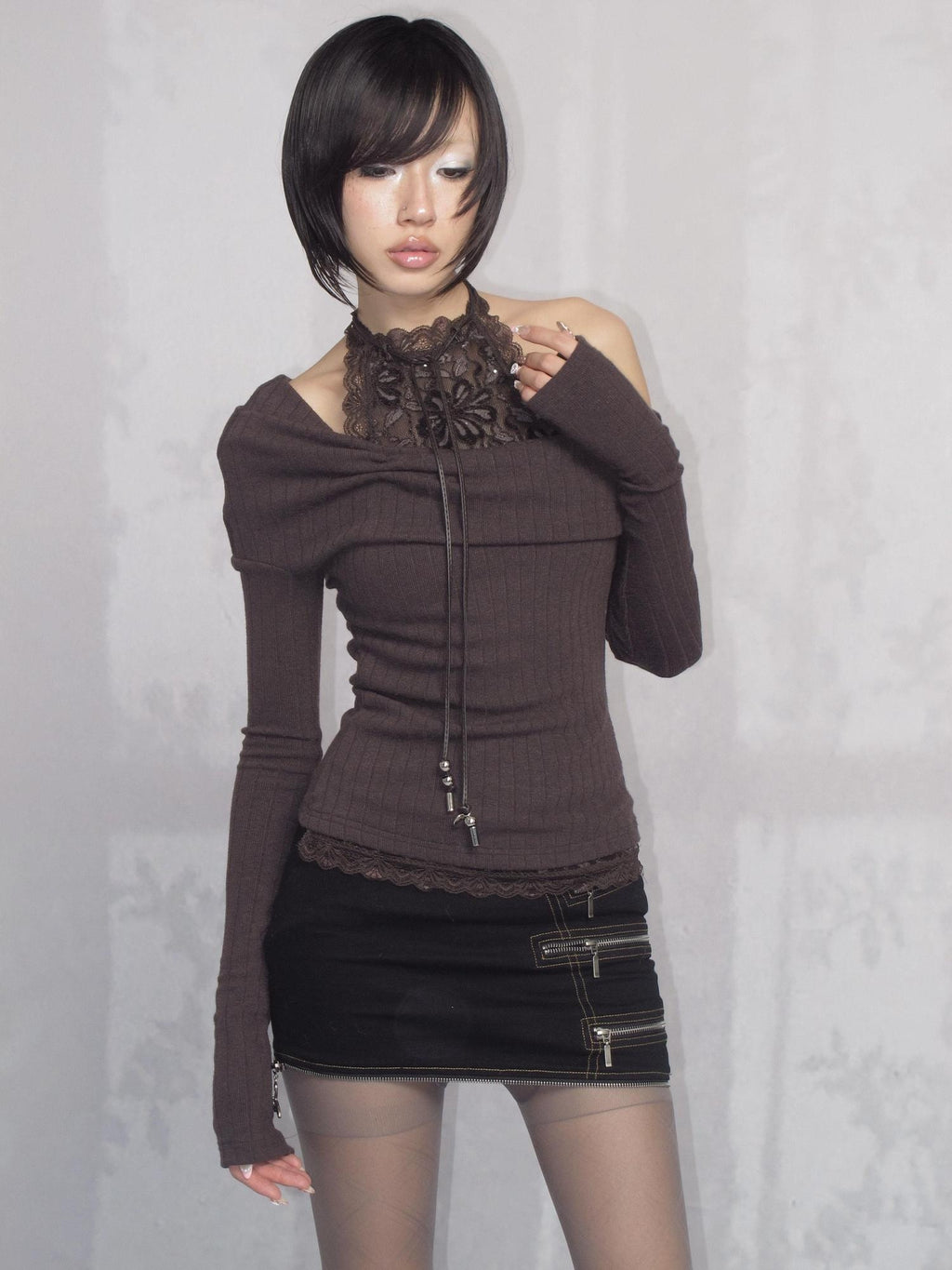 OPEN AESTHETIC Stretch Slim French Halter Faux Layer Womens Cotton Knit Long Sleeve T-Shirts