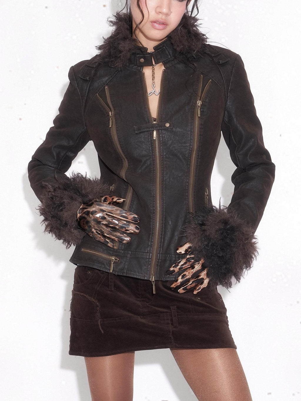OPEN AESTHETIC Thick Faux Leather Fur Collar Cropped Slim Zippered Sexy Brown Leather Jackets