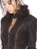 OPEN AESTHETIC Thick Faux Leather Fur Collar Cropped Slim Zippered Sexy Brown Leather Jackets