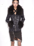 OPEN AESTHETIC Thick Shiny Faux Leather Fur Collar Lace Up Slim Cropped Punk Leather Jackets