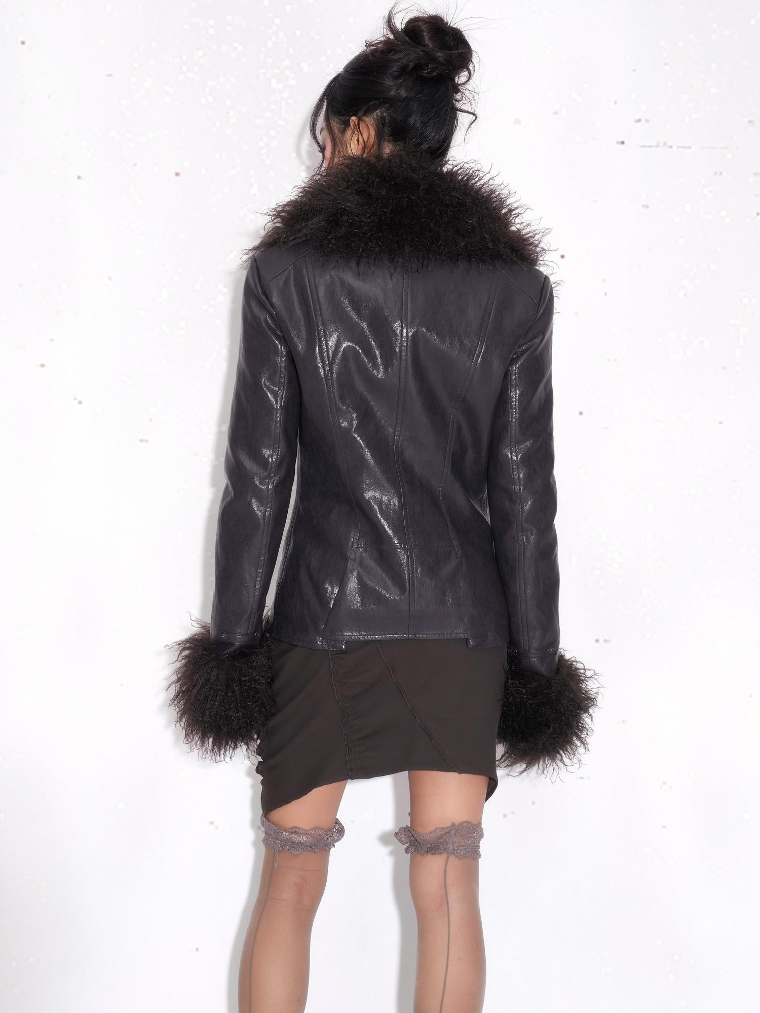 OPEN AESTHETIC Thick Shiny Faux Leather Fur Collar Lace Up Slim Cropped Punk Leather Jackets