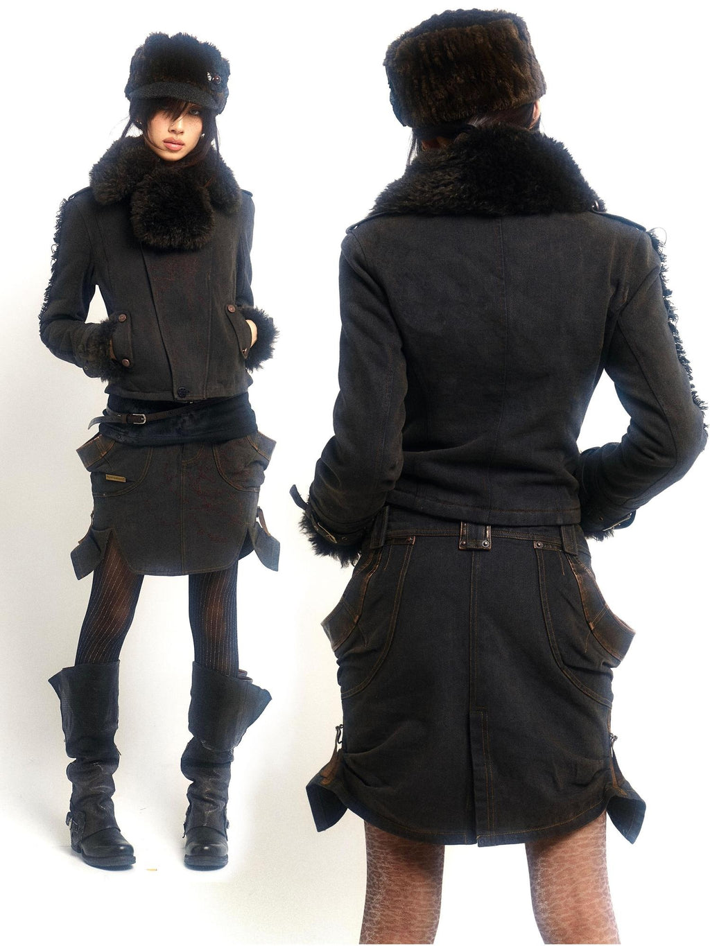 OPEN AESTHETIC Vintage Lapel Zip Cropped Jacket Mini Skirt Teen Women Top & Skirt Sets