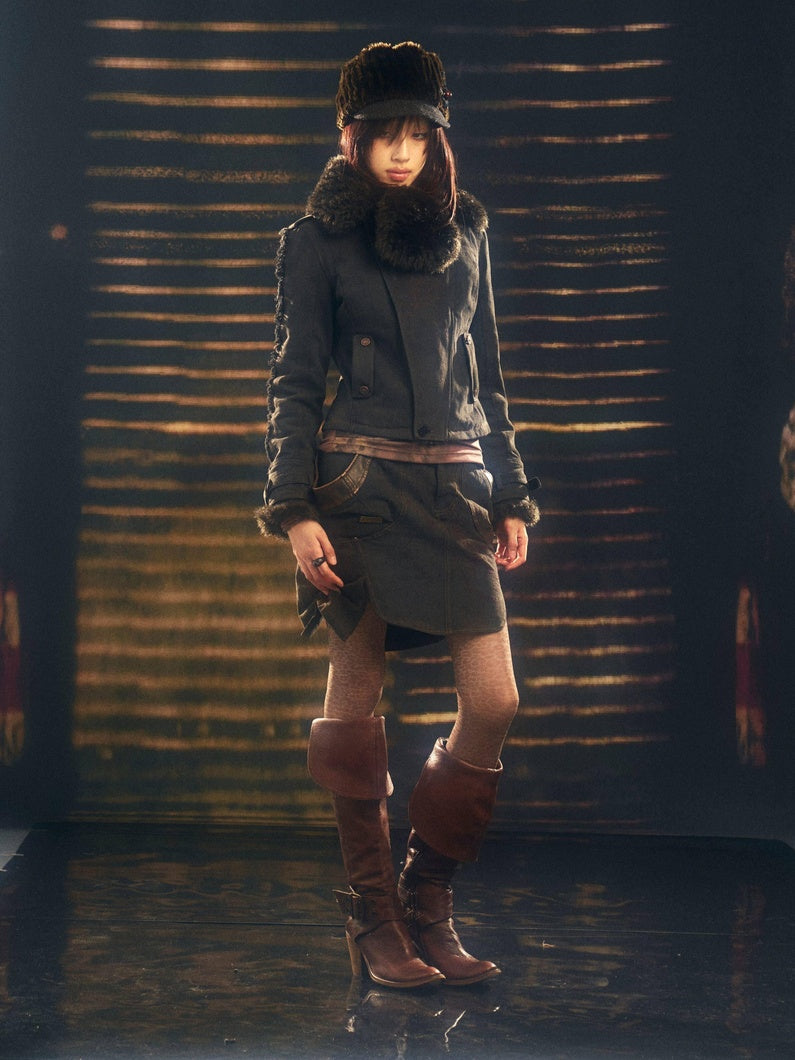OPEN AESTHETIC Vintage Lapel Zip Cropped Jacket Mini Skirt Teen Women Top & Skirt Sets