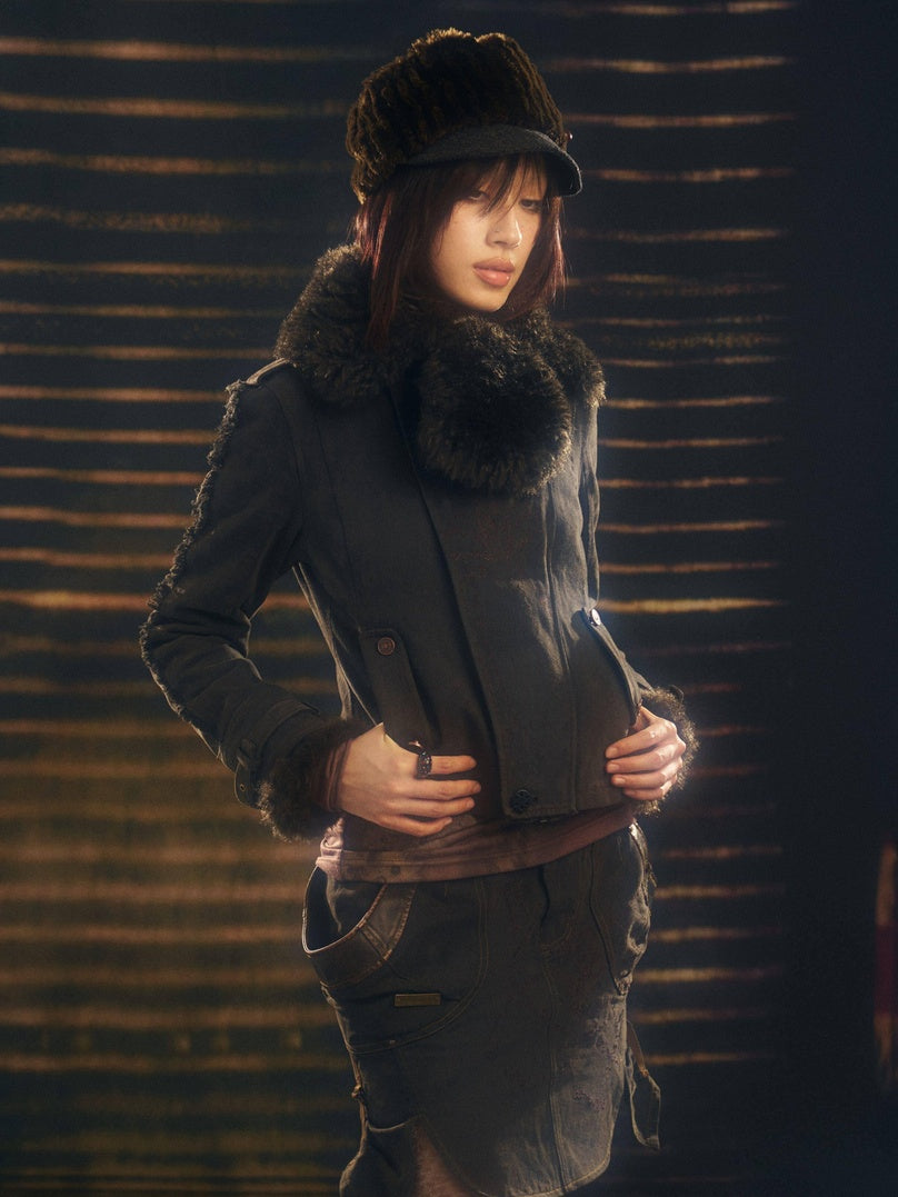 OPEN AESTHETIC Vintage Lapel Zip Cropped Jacket Mini Skirt Teen Women Top & Skirt Sets