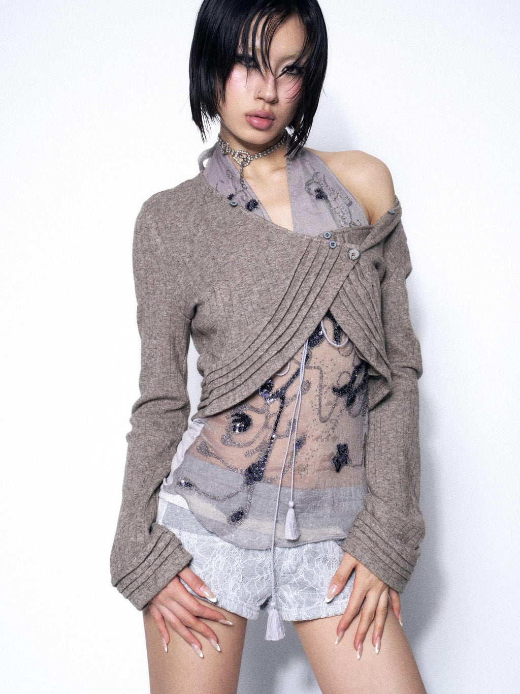 OPEN AESTHETIC Warm Detachable Relaxed Slim Fit Fine Knit Women Cropped Button Cardigans