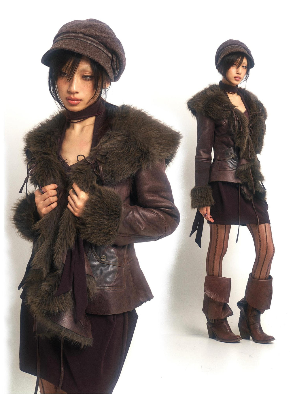 OPEN AESTHETIC Warm Printed Vintage Slim Fit Faux Fur Purple Red Women Leather Jackets