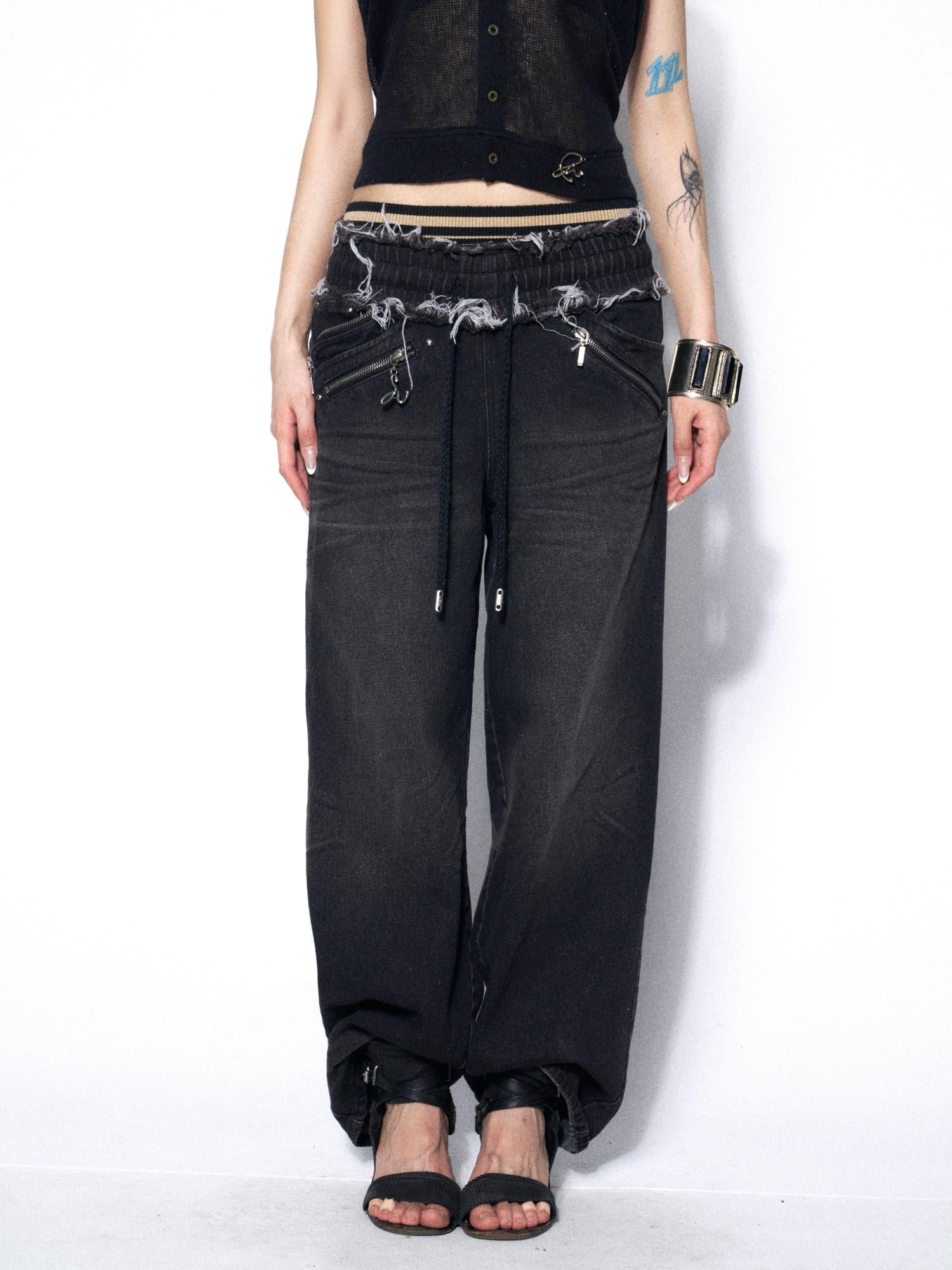 OPEN AESTHETIC Washed Distressed Relaxed Midstretch Elastic Waist Black Denim Straight Jeans