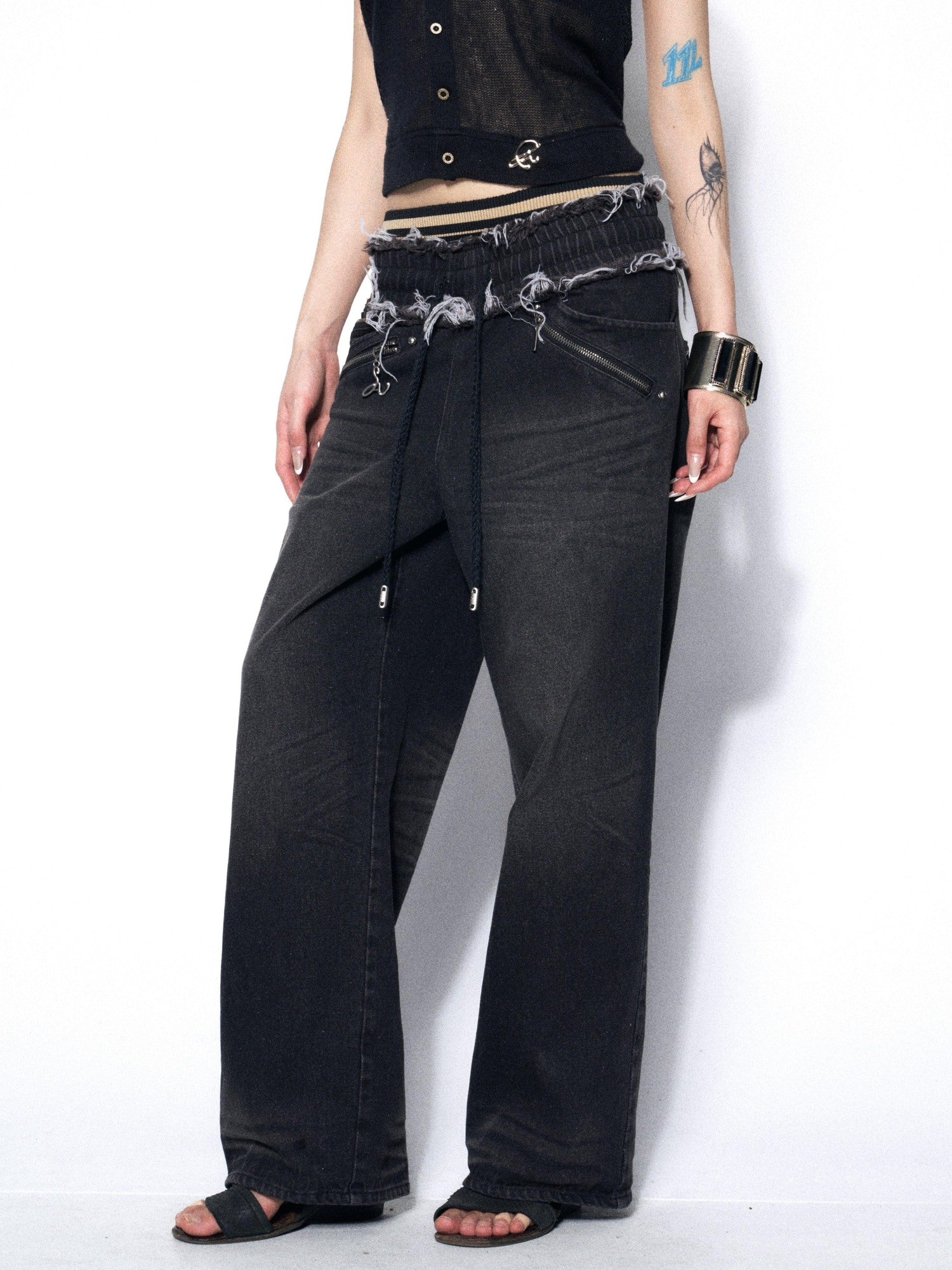 OPEN AESTHETIC Washed Distressed Relaxed Midstretch Elastic Waist Black Denim Straight Jeans