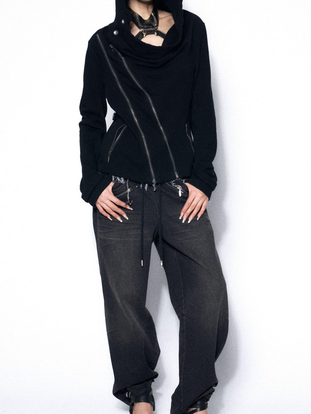 OPEN AESTHETIC Washed Distressed Relaxed Midstretch Elastic Waist Black Denim Straight Jeans