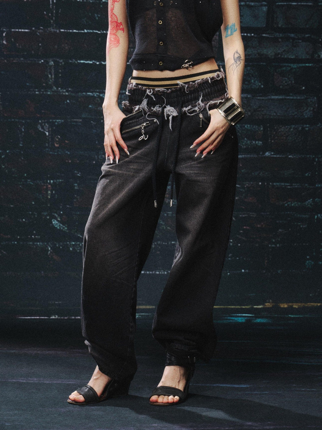 OPEN AESTHETIC Washed Distressed Relaxed Midstretch Elastic Waist Black Denim Straight Jeans