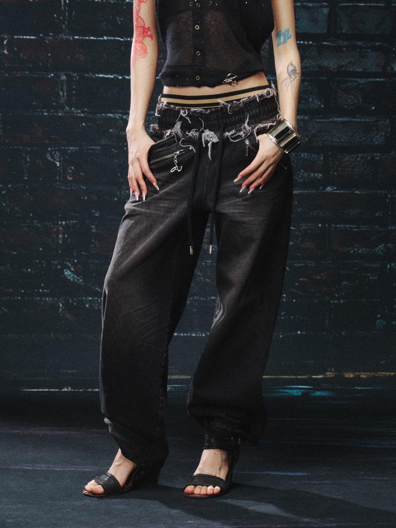 OPEN AESTHETIC Washed Distressed Relaxed Midstretch Elastic Waist Black Denim Straight Jeans