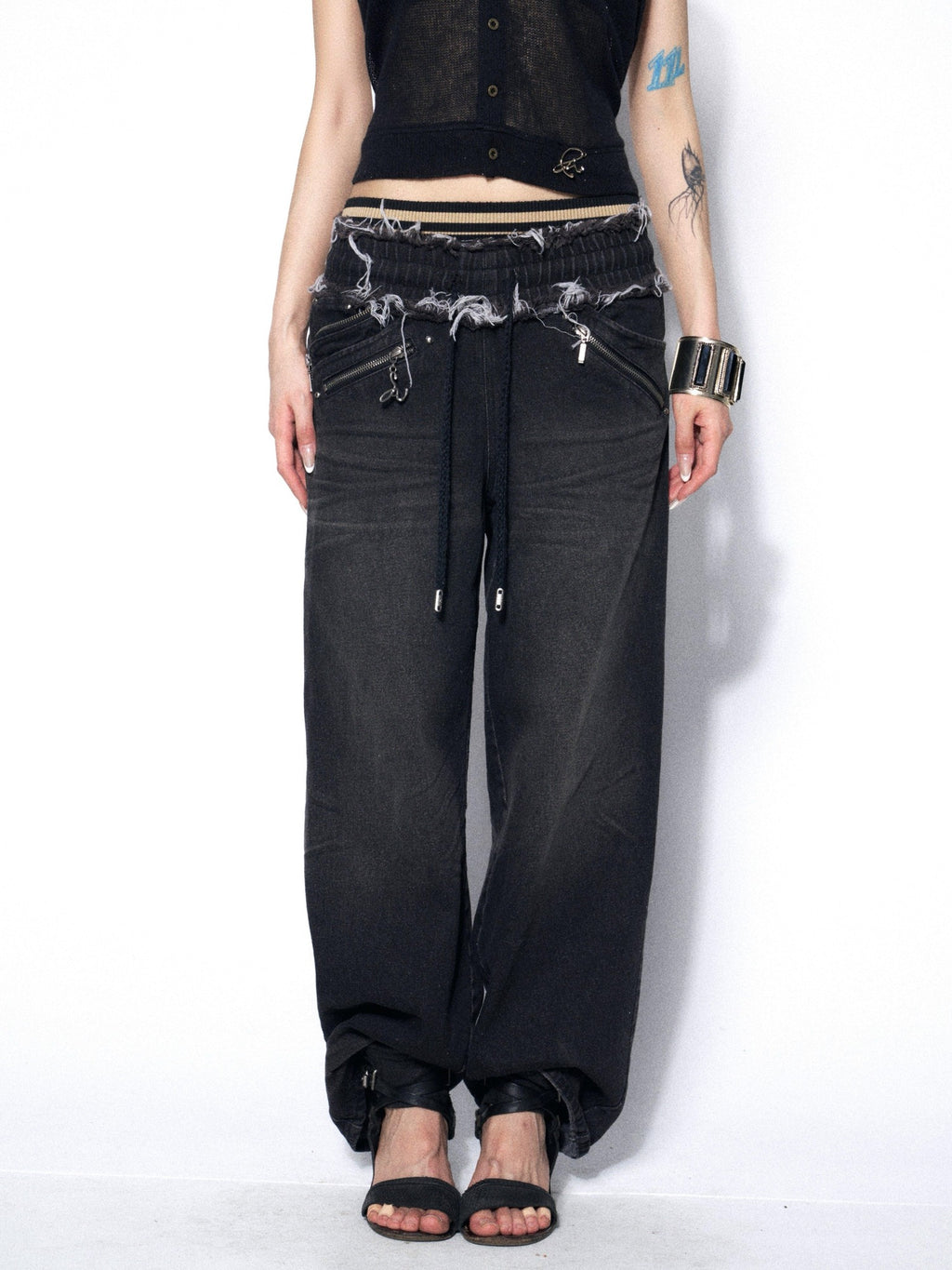 OPEN AESTHETIC Washed Distressed Relaxed Midstretch Elastic Waist Black Denim Straight Jeans