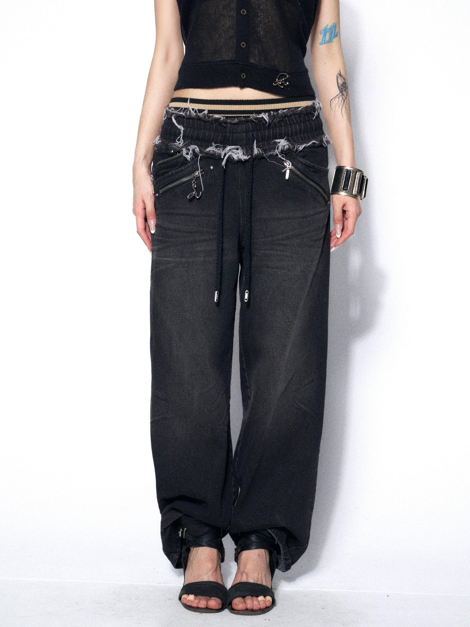 OPEN AESTHETIC Washed Distressed Relaxed Midstretch Elastic Waist Black Denim Straight Jeans
