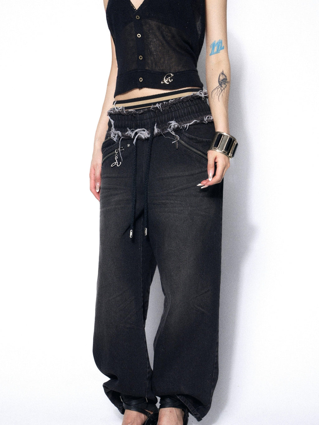 OPEN AESTHETIC Washed Distressed Relaxed Midstretch Elastic Waist Black Denim Straight Jeans