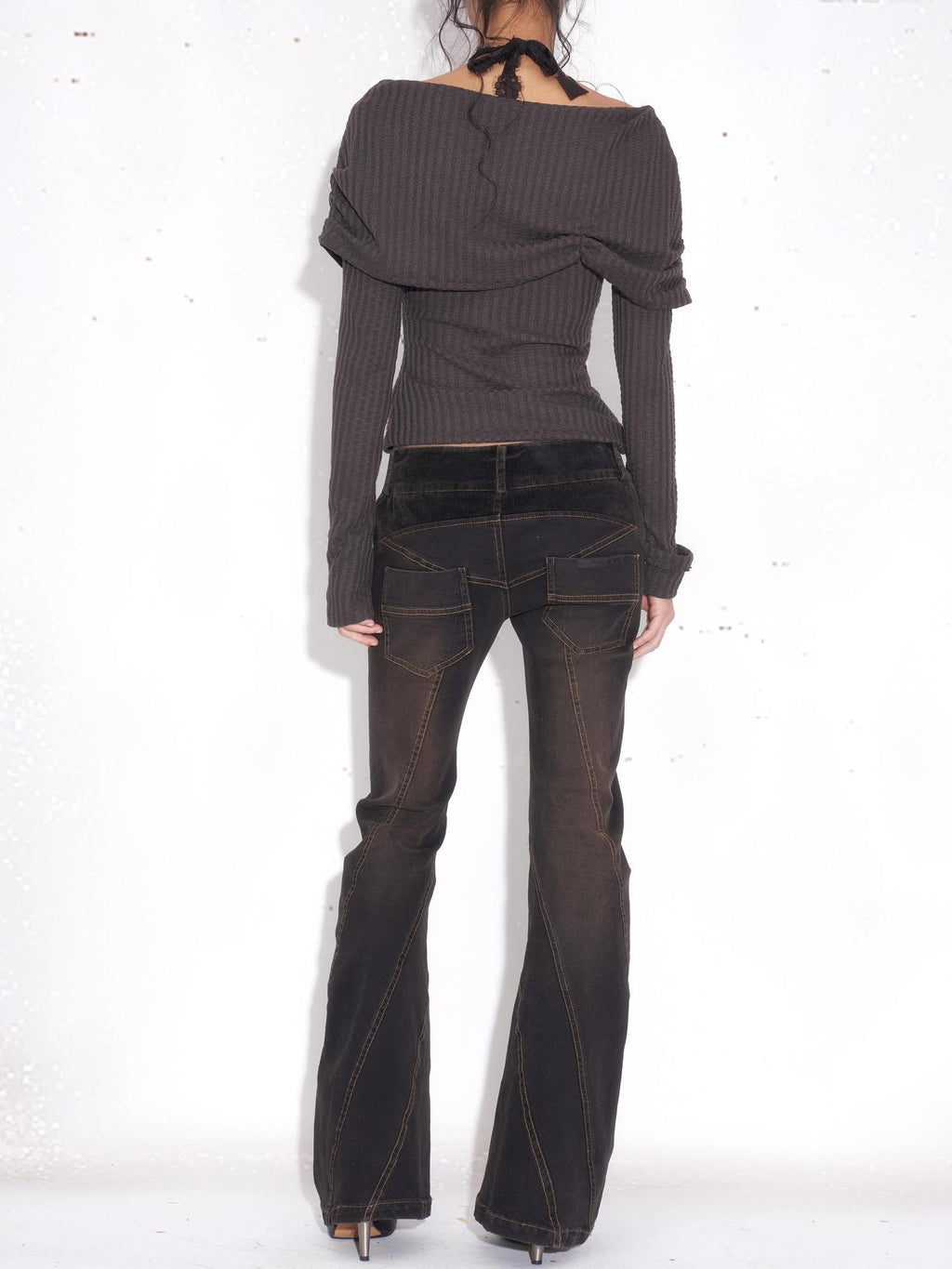 OPEN AESTHETIC Washed Retro Low Rise Patchwork Slim Stretch Women Black Gray Denim Skinny Jeans