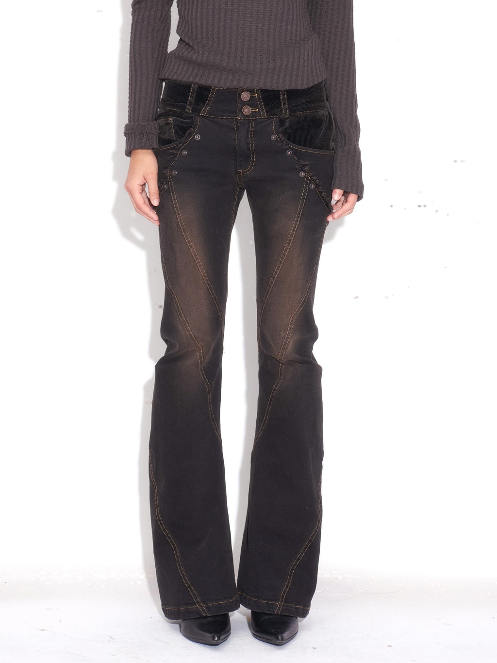 OPEN AESTHETIC Washed Retro Low Rise Patchwork Slim Stretch Women Black Gray Denim Skinny Jeans