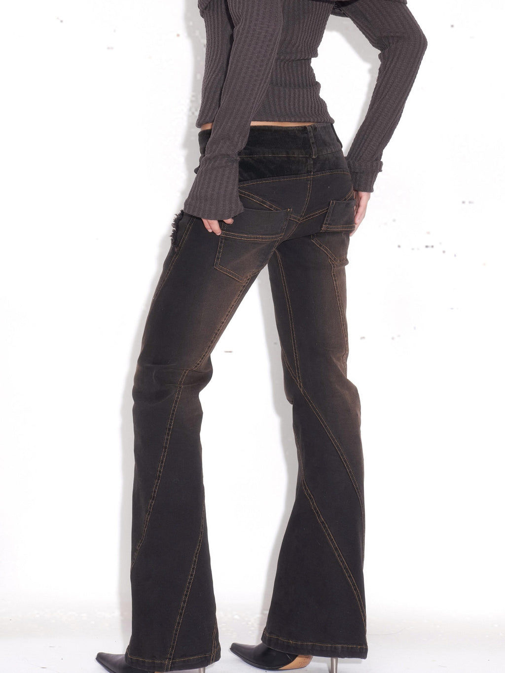 OPEN AESTHETIC Washed Retro Low Rise Patchwork Slim Stretch Women Black Gray Denim Skinny Jeans