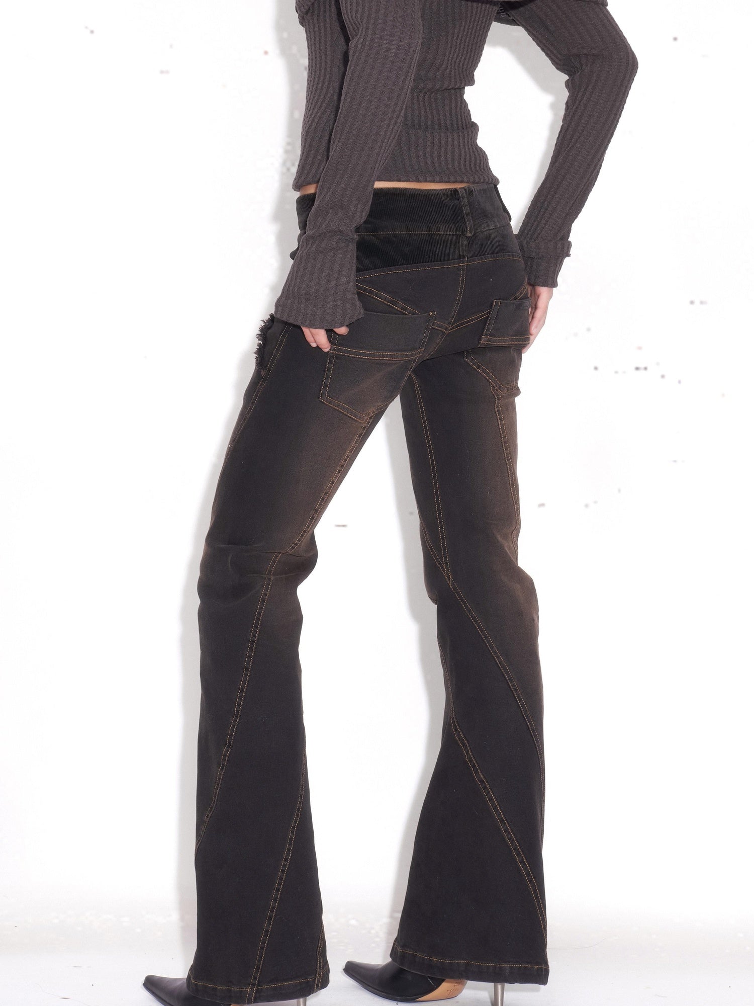OPEN AESTHETIC Washed Retro Low Rise Patchwork Slim Stretch Women Black Gray Denim Skinny Jeans